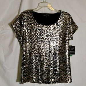 Jones New York Silver Sequin Short Sleeve Top